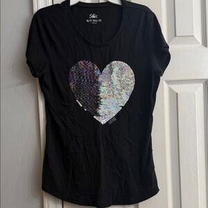 Justice Black Tee with Silver Sequin Heart that changes to multi color size XL